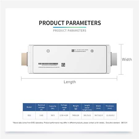 EVE D21 3.65V 50.5Ah 鋰三元軟包電池尺寸2